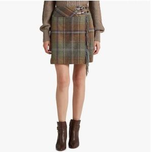 nwt Lauren Ralph Lauren Plaid Wool Tweed Mini Wrap Skirt Fringe Green Purple 6